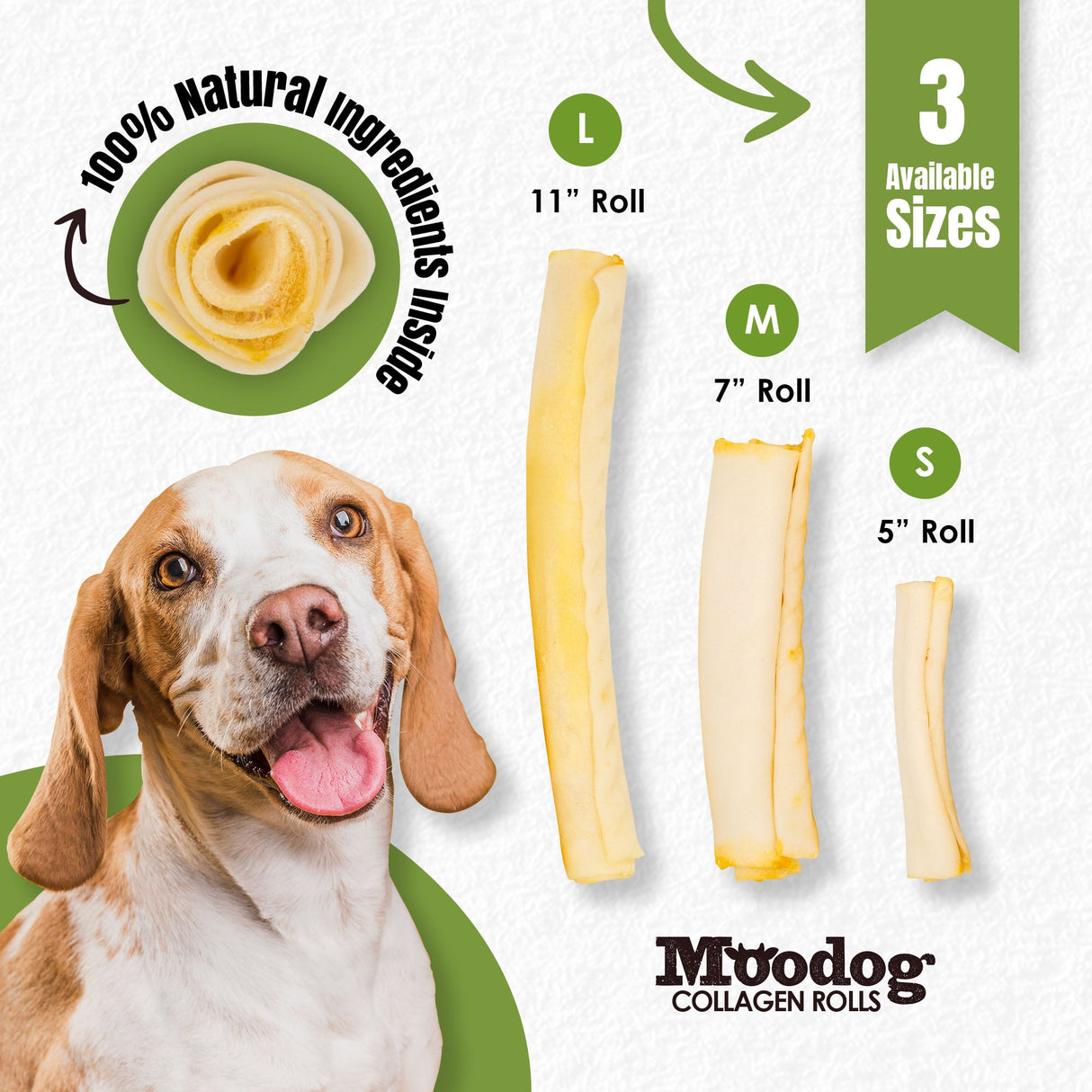 Palz&Co Moodog Beef Corium Collagen Roll Dog Treat, Bacon