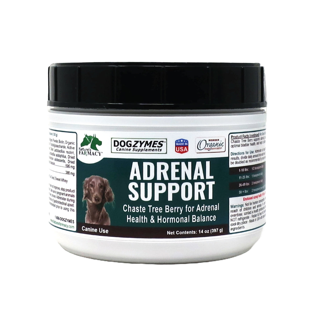 Container of Nature's Farmacy Dogzymes Adrenal Support supplement for dogs.
