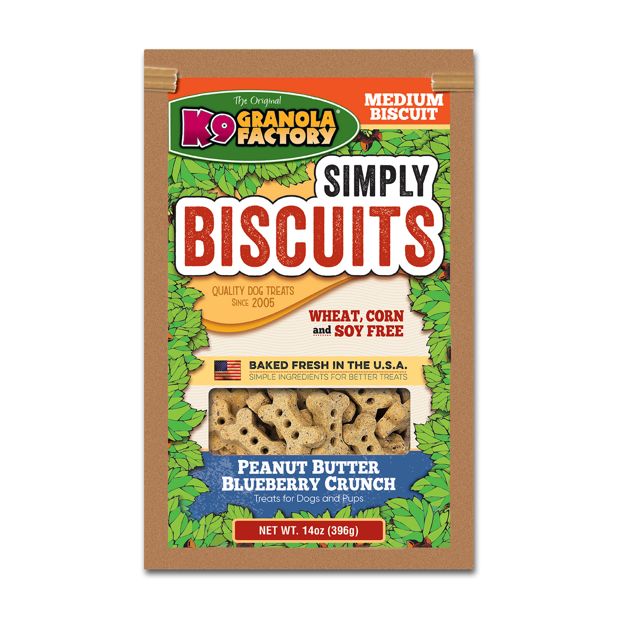 Package of K9 Granola Factory Simply Biscuits peanut butter blueberry dog treats