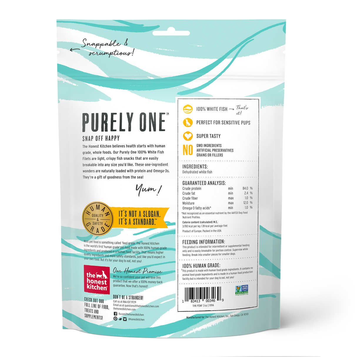The Honest Kitchen Purely One Whitefish Filets Dog Treats, 3oz