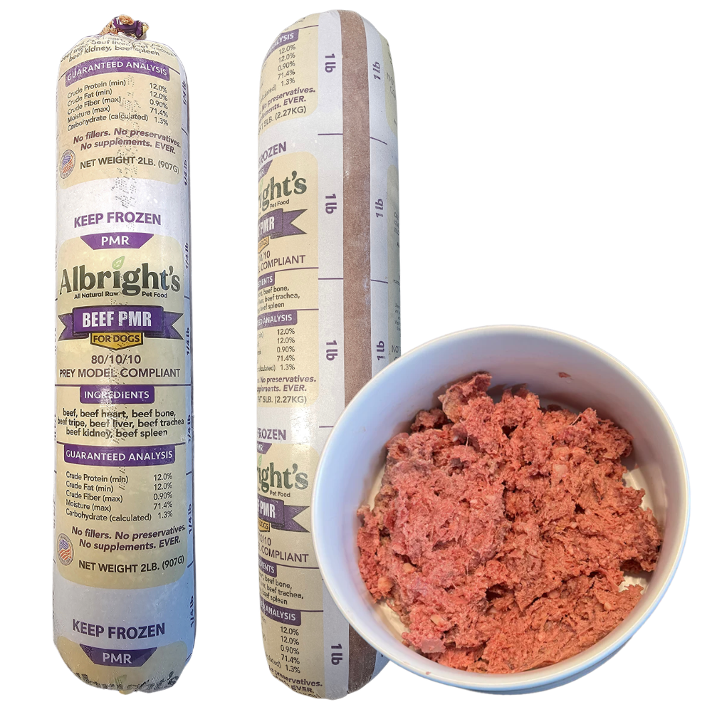 Albright’s PMR Prey Model 80/10/10 Beef Formula Raw Frozen Dog Food – 5 lb Chubs (5ct/25 lb Case)