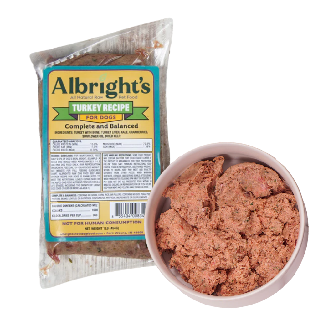 Albrights Turkey Formula Raw Frozen Complete Diet Dog Food - 1 lb Chubs (30ct/30lb Case)